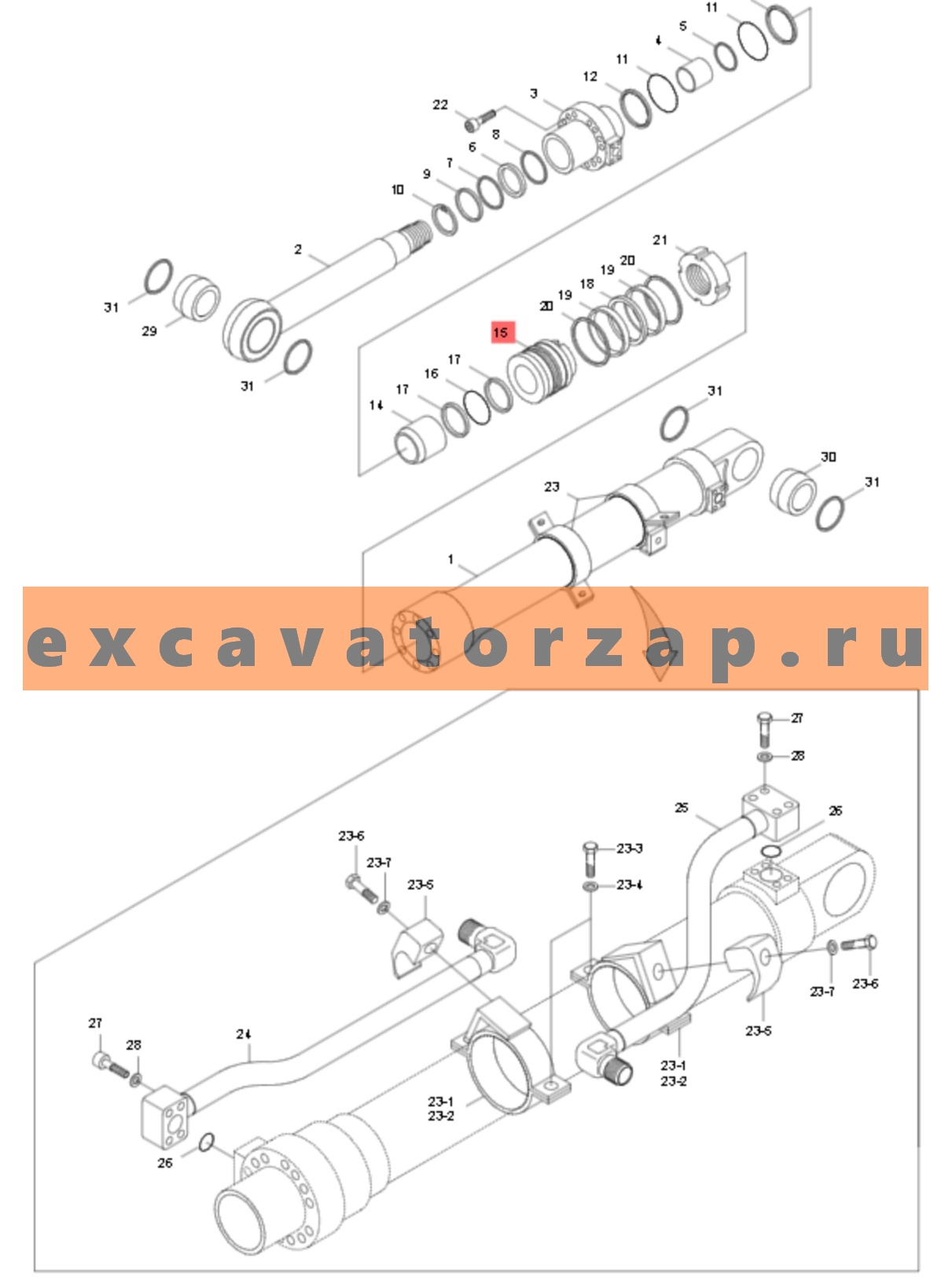 Поршень 31Y1-08172 гидроцилиндра ковша, рукояти, стрелы экскаватора HYUNDAI R320LC3, R320LC7, R320LC7A, R360LC7, R360LC7A, R370LC7, R450LC7, R450LC7A, RD340LC-7