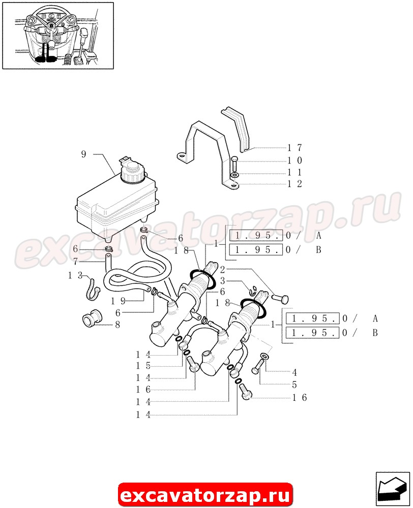 Главный тормозной цилиндр 84558759 экскаватора погрузчика New Holland B115